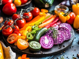 Vibrant assortment of fresh vegetables arranged on a plate, showcasing colors and textures. Perfect for healthy eating concepts.