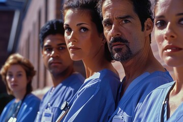 Wall Mural - A group of people in blue scrubs are standing in a line. They are all wearing name tags