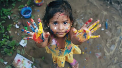 A young girl with her hands painted in bright colors. She is standing on a dirt ground. The girl is wearing a yellow dress