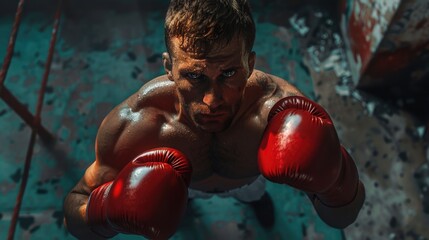 Wall Mural - A man in a boxing ring with red gloves and sweat on his face. Scene is intense and focused