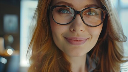 Wall Mural - A woman with brown hair and glasses is smiling. She is wearing a black and brown pair of glasses