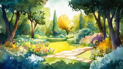 06092011 39 Detailed, flat color watercolor illustration of an enchanted garden from multiple perspectives, styled for a children's book --ar 16:9 --v 6.1 Job ID: f3858c40-bc54-4474-88a8-4e242afa71ad