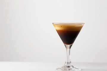 A shot of a martini glass filled with a dark liquid. The glass is sitting on a white table