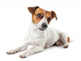 Wall Mural - A small dog with brown and white fur is laying on a white background. The dog has a sad expression on its face