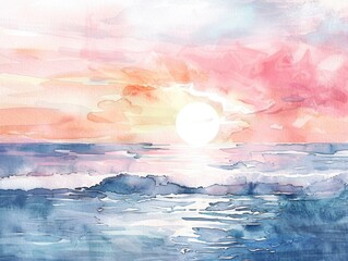 Wall Mural - A painting of a sunset with a large sun in the sky. The sky is pink and the ocean is blue. The mood of the painting is peaceful and serene