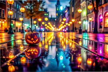 A pumpkin is sitting on a wet street in the middle of the night. The street is lit up with colorful lights, creating a festive and eerie atmosphere