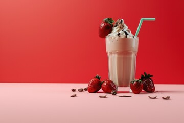 Wall Mural - A glass of chocolate milk with a straw and a strawberry on top. The image has a warm and inviting mood, with the chocolate milk and strawberries creating a sense of comfort and indulgence