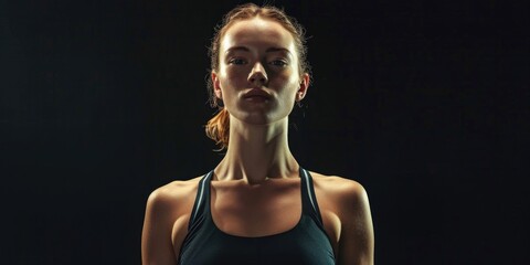 Poster - A woman is standing in a dark room with her head tilted. She is wearing a black tank top and she is sweating