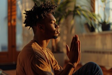 Poster - A man is sitting on the floor with his hands clasped in prayer. The room is dimly lit, and there is a potted plant in the background. The man is in a contemplative or meditative state