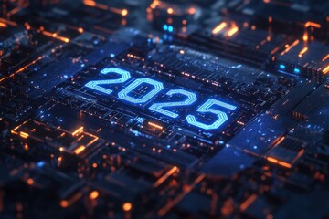 glowing 2025 on a futuristic circuit board