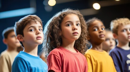 Wall Mural - a diverse group of children participating in a community theater program, rehearsing for a play.