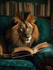 Wall Mural - A lion is sitting on a chair and reading a book. The lion is looking at the camera with a curious expression. Concept of curiosity and intelligence, as the lion is shown engaging in a human activity