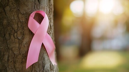 Pink Ribbon Tied Around a Tree Trunk