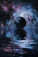 Wall Mural - a large moon is floating in the water of a lake. the sky is filled with stars and the moon is surrou