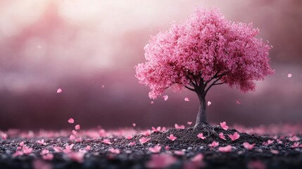 Wall Mural - Pink Cherry Blossom Tree With Falling Petals