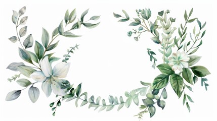 Canvas Print - A white background with green leaves and flowers. The flowers are arranged in a way that they look like they are growing out of the leaves