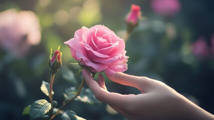 Sticker - A Hand Gently Holding a Pink Rose in a Garden