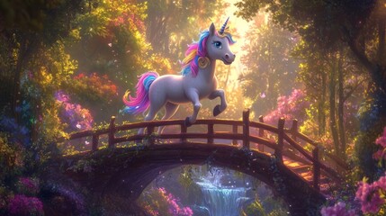 Magical unicorn running across a wooden bridge in a fairytale forest.