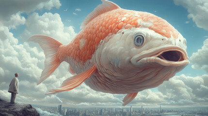 Wall Mural - A large fish with a big mouth and eyes is standing on the edge of a cliff, AI