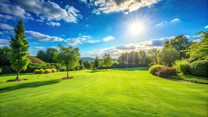 a high angle view of a summer landscape featuring a lush green lawn under the bright sun against a c