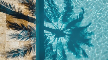 Aerial view of swimming pool with palm shadow on stone surface.