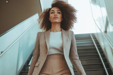 Wall Mural - A woman wearing a business suit and a white shirt walks up a set of stairs. Concept of professionalism and confidence, as the woman is dressed in a business suit