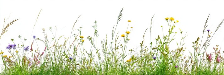 Canvas Print - A field of wildflowers with a white background. The flowers are of various colors and sizes, creating a vibrant and lively scene. Concept of freedom and natural beauty