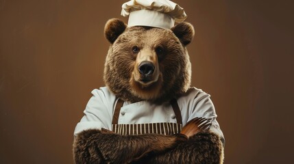 A brown bear dressed as a chef with arms crossed.