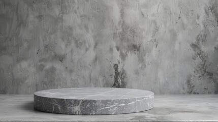 Wall Mural - Gray monochrome mockup template with round granite pedestal on textured background