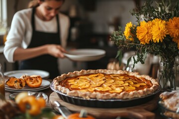 Freshly baked peach pie cooling on kitchen counter with baker in background