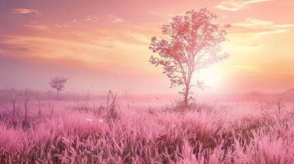 A field of pink flowers with a pink and orange sky in the background