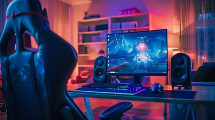 Gaming Setup with Futuristic Video Game on Monitor