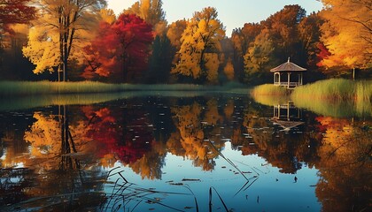 Canvas Print - Autumn scenery is intoxicating. Water plants are floating on the lake, golden and red trees are reflected on it, and there is a small pavilion under the quiet picture.