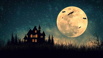 A Halloween background featuring a haunted house silhouette against a full moon.