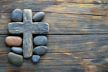 Cross of stones on wooden background for condolence or mourning cards.generative ai