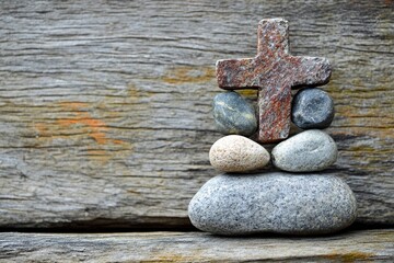 Cross of stones on wooden background for condolence or mourning cards.generative ai