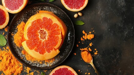 Sticker - Grapefruit Slices and Turmeric Powder on Black Background