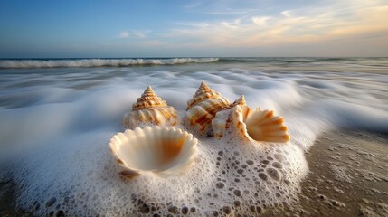 Seashells on a Sandy Beach with Foamy Waves