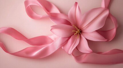 Wall Mural - A Pink Flower and Ribbon on a Pink Background