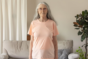 Portrait of a senior Caucasian woman with long gray hair, wearing a pink shirt, standing proudly in a cozy living room.