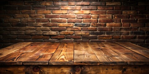 Wall Mural - Rustic old wooden table on a dark brick background