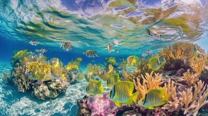 Poster - Underwater Scene with Yellow and Black Striped Fish and Coral Reef