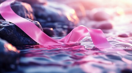 Wall Mural - Pink Ribbon Resting on Water and Rocks