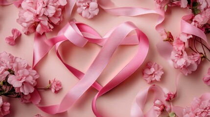 Wall Mural - Pink Ribbon and Flower Heart on Pale Pink Background