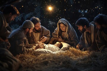 mary and baby jesus surrounded by shepherds, with the star of bethlehem above