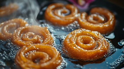 A detailed shot of jalebis frying in hot oil, their spirals forming as they crisp up, with the background showing a festive Diwali setting