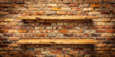 Wall Mural - Empty wooden shelves mounted on a cracked brick wall in a rustic setting