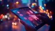 © AminaDesign - A user engaging with a tablet, displaying vibrant and dynamic digital interfaces against a bustling city backdrop