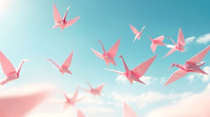 Wall Mural - Pink Origami Cranes Soaring in a Blue Sky