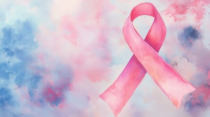 Wall Mural - Watercolor Painting of a Pink Ribbon on a Blue and Pink Background